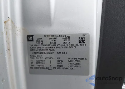 2011 Chevrolet Traverse 1Lt z USA, uszkodzony, nr VIN 1GNKVGED8BJ387822